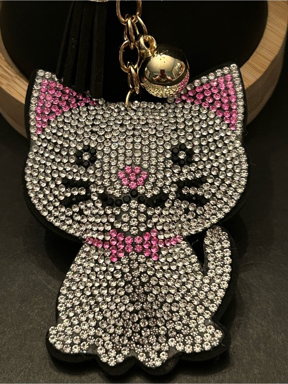 PREMIUM Puffy Pink, Silver & Black Rhinestone Cat 🐈 Bag Charm Keychain